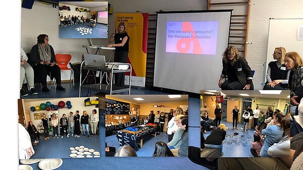 Fotocollage von der Auftraktveranstaltung mit Mitarbeiter*innen des Familienzentrums, Musikschullehrer*innen, Vertreterin der Musikschule, die Prozessbegleitung des Familienzentrums für Kulturkita, sowie Referenten.
