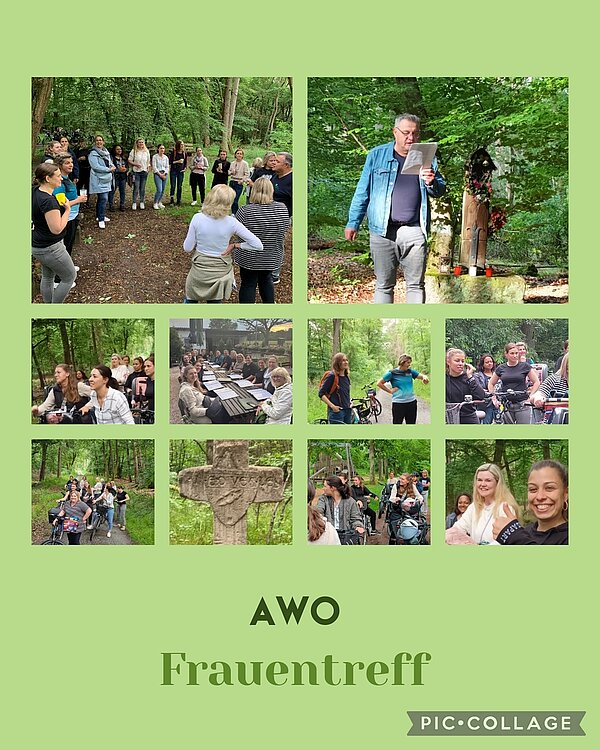 Fotocollage mit vielen fröhlichen Frauen unterwegs mit dem Fahrrad, begleitet von den kenntnisreichen Ausführungen von Michael Haas.