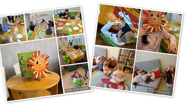 Fotocollage mit bastelnden Kinder, einer langen geschmückten Tafel, die zum Berliner essen einlädt.