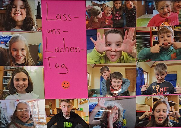 Collage mit vielen fröhlich lachenden Kindern