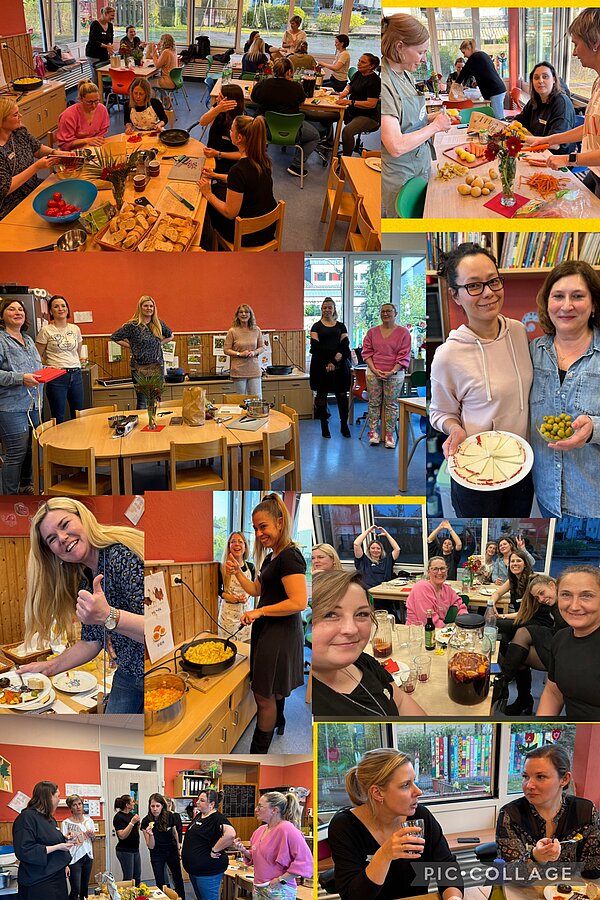 Collage vom Tapas-Abend im AWO Familienzentrum mit vielen begeisterten Menschen, die ihre Gerichte präsentieren