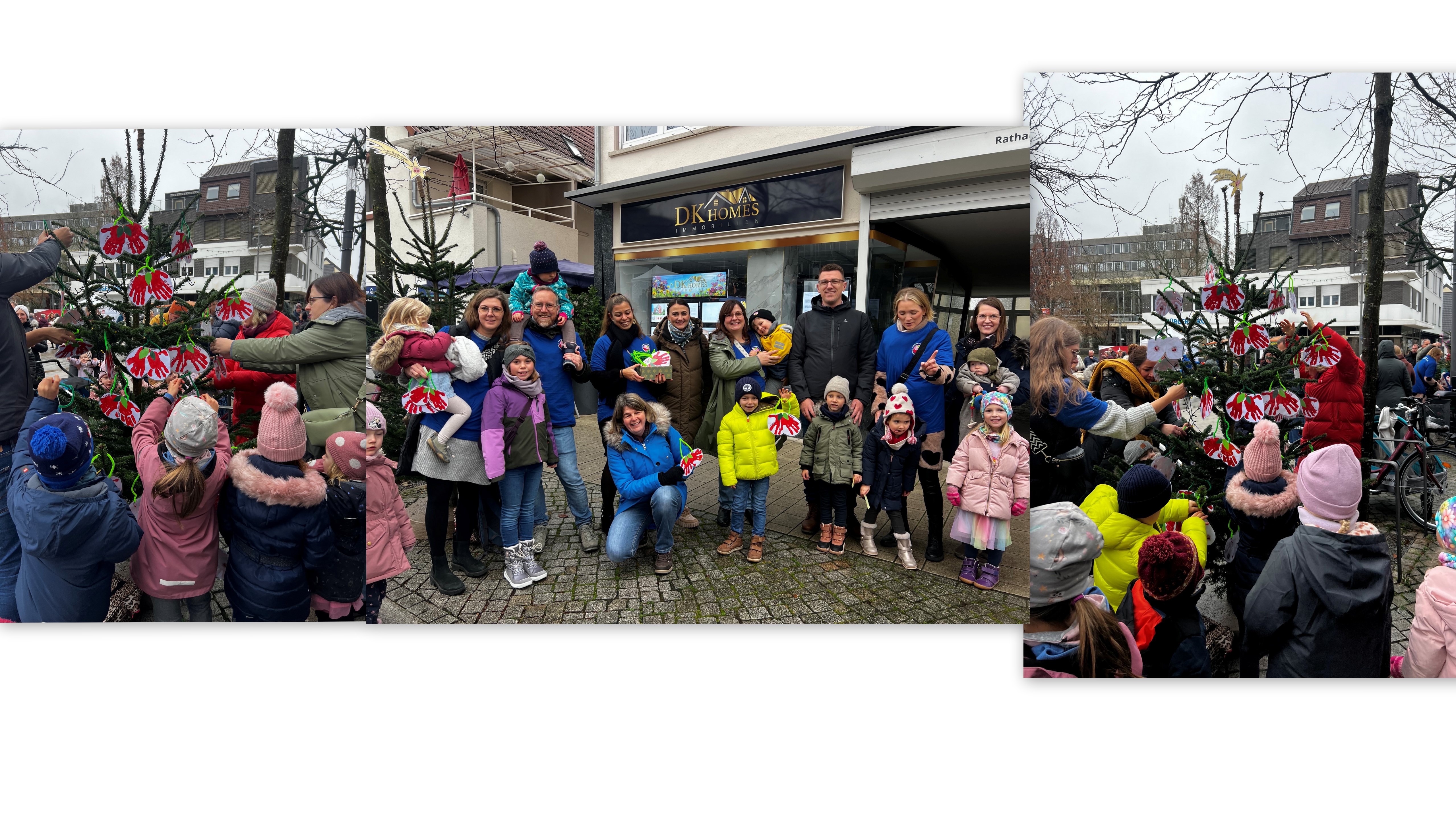 Fotocollage mit vielen fröhlichen Kindern und Eltern bei der Baumschuckaktion in der Viernheimer Innenstadt.