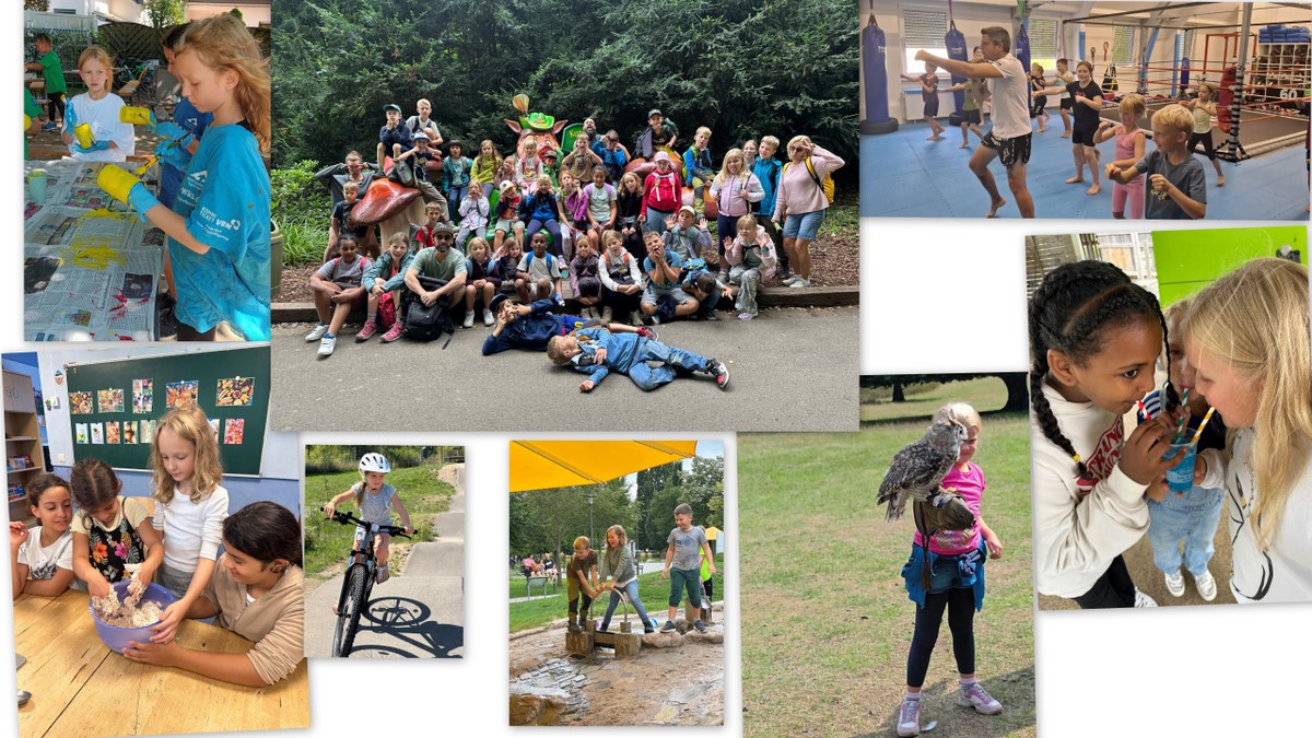 Fotocollage Kinder, die die verschiedenen Ferienaktionen zeigen, wie. z. B.   Ausflug in den Geo-Naturpark Bergstraße-Odenwald, Schnupperkurs bei Thai-Bombs-Viernheim e.V., bastelten von Insektenhotels, Besuch des Kurpfalzparks.