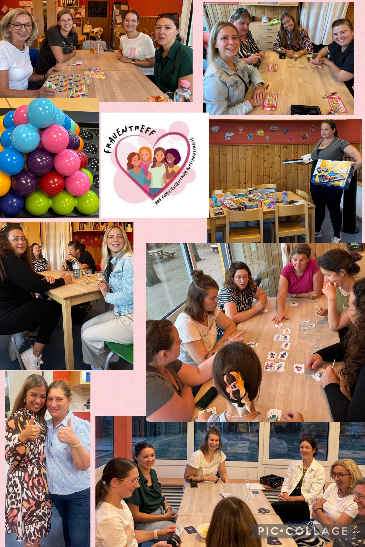 Fotocollage mit fröhlichen Frauen, die verschiedene Tischspiel ausprobieren.
